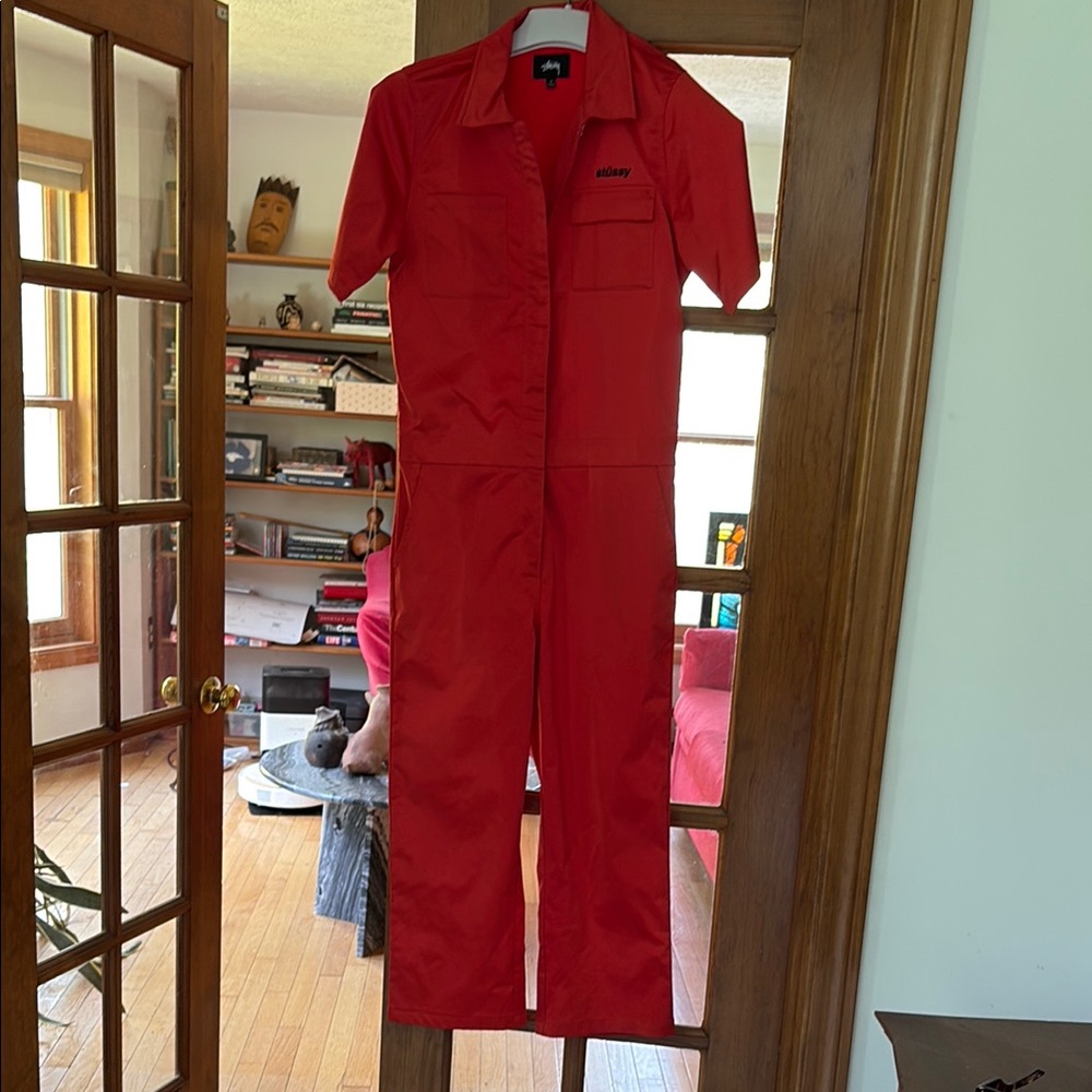 Reddish Orange Satin Jumpsuit with Short Sleeves and Metal Snaps